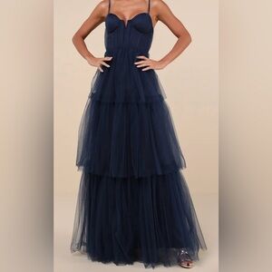 Unforgettable Poise Navy Blue Tulle Bustier Tiered Maxi Dress
